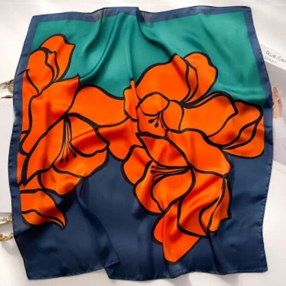 Red Green floral Print Square Scarf, Luxury Satin wrap Neck shawl - Picture 1 of 4